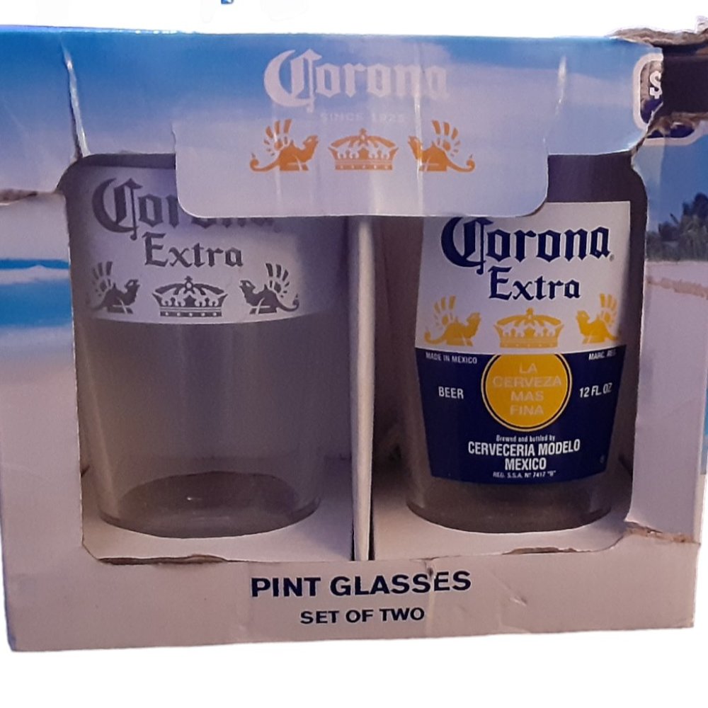 Set of 2 CORONA Extra Pint Beer/Cerveza Glasses 16 oz Barware